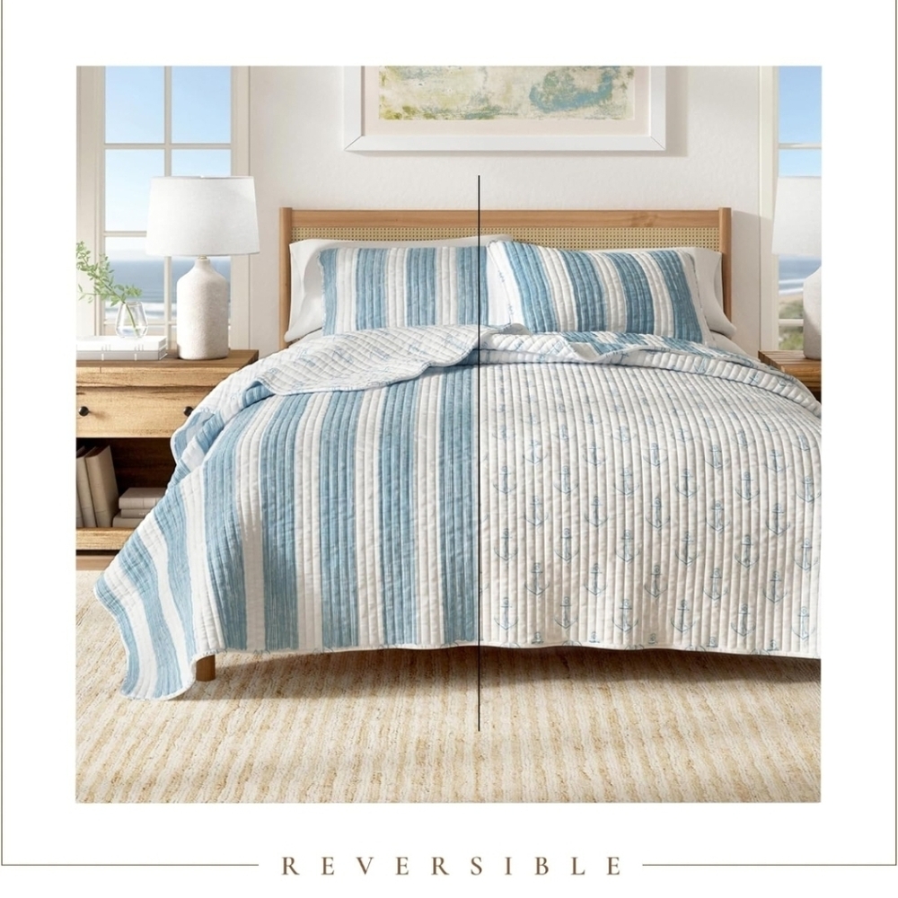 Great Bay Home reversable Coastal blue anchor beach Quilt 2 Piece Set